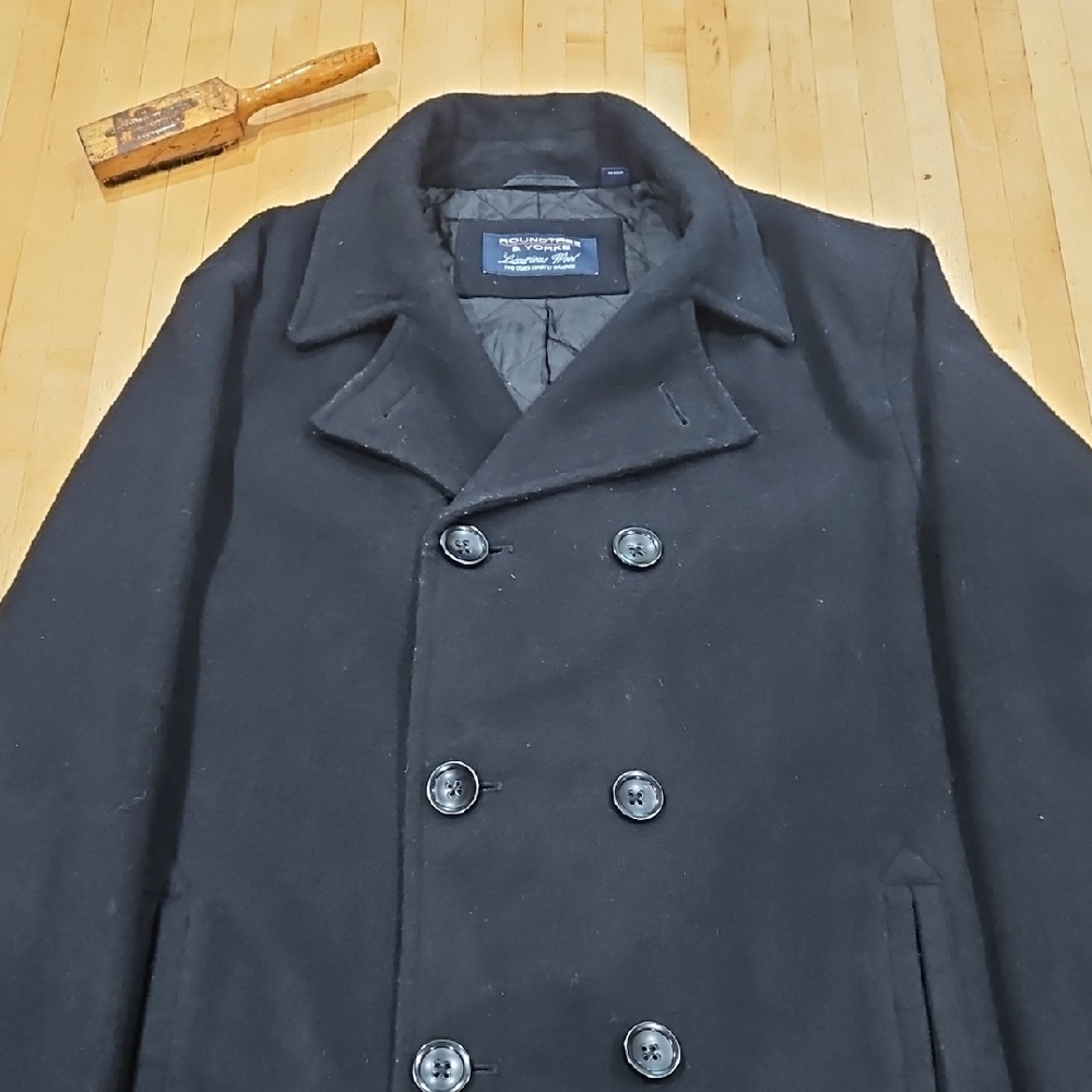 Roundtree & Yorke Black Peacoat Wool Blend Double-Breasted